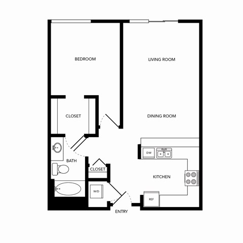 Floor plan for 1 bed, 1 bath, 773 sqft